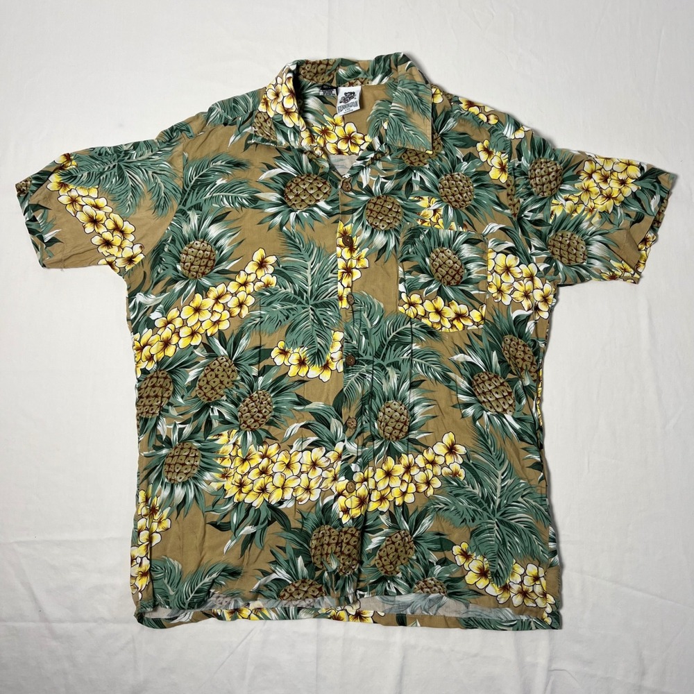 Kennington Ltd California Mens Large Rayon Tropical Pineapple Aloha Shirt Tan